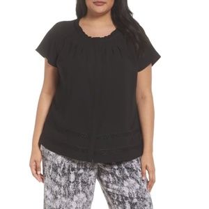 Sejour Pleat Neck Lace Trim Blouse (Plus Size)